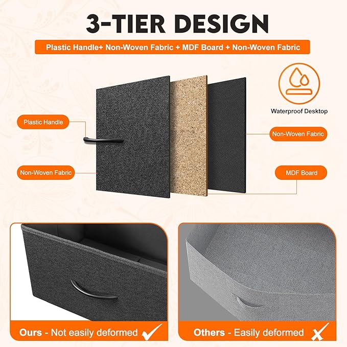 Dresser for Bedroom with 10 Drawers, Chest of Drawers, Storage Drawers Organizer Unit, Black Wide Fabric Dresser with Fabric Bins for Closet, Living Room, Entryway (Black and Rustic Brown)