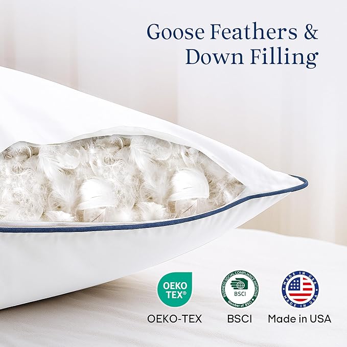 puredown® Goose Feathers and Polyester Fiber Pillows - Made in USA Bed Pillow, 100% Cotton Cover, Pillow King Size Set of 2 for Sleeping, 20x36 Inches