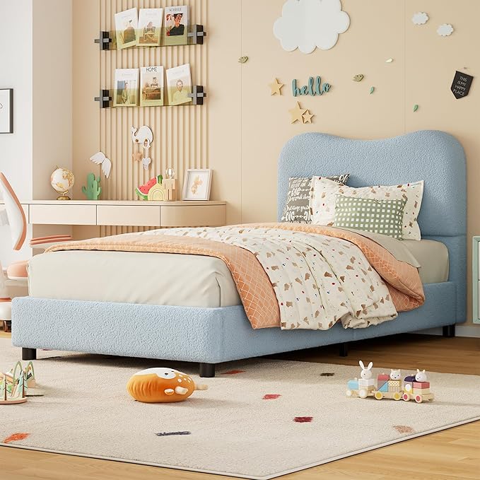 Twin Bed Frame for Kids with Velvet Upholstered Headboard, Cute Low Profile Platform Bed for Girls and Boys, No Box Spring Needed, Strong Wooden Slats, Noise Free, Easy Assembly, Blue