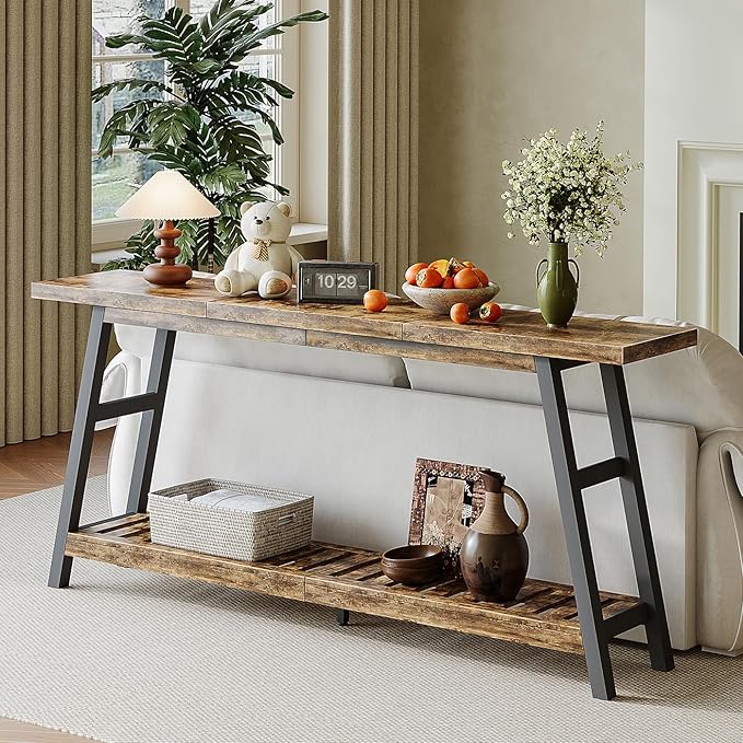 ChooChoo 70.9 Inch Long Console Tables for Entryway, Wood 2-Tier Entry Hallway Table, Narrow Sofa Table Behind Couch Table for Living Room, Entrance, Rustic Brown