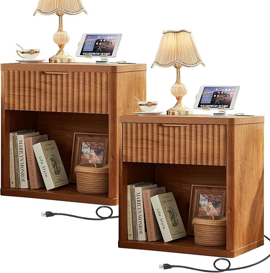 LEYAOYAO Fluted Farmhouse Nightstand Set of 2 with Charging Station, 23" Wide 1 Drawers Night Stand,Brown Dresser for Bedroom,Bed Side Table Chest of Drawers,Wood End Table for Living Room