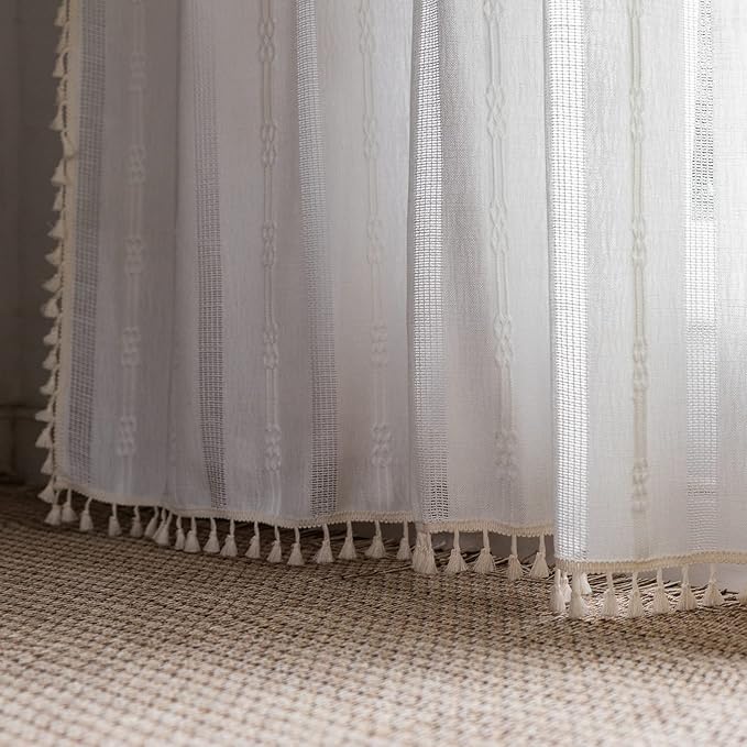 Boho Curtains for Bedroom Embroidery Striped Farmhouse Curtains 63 Inch Length 2 Pannels for Living Room Off White Linen Semi Sheer Rod Pocket Drapes(52" W x 63" L,White)