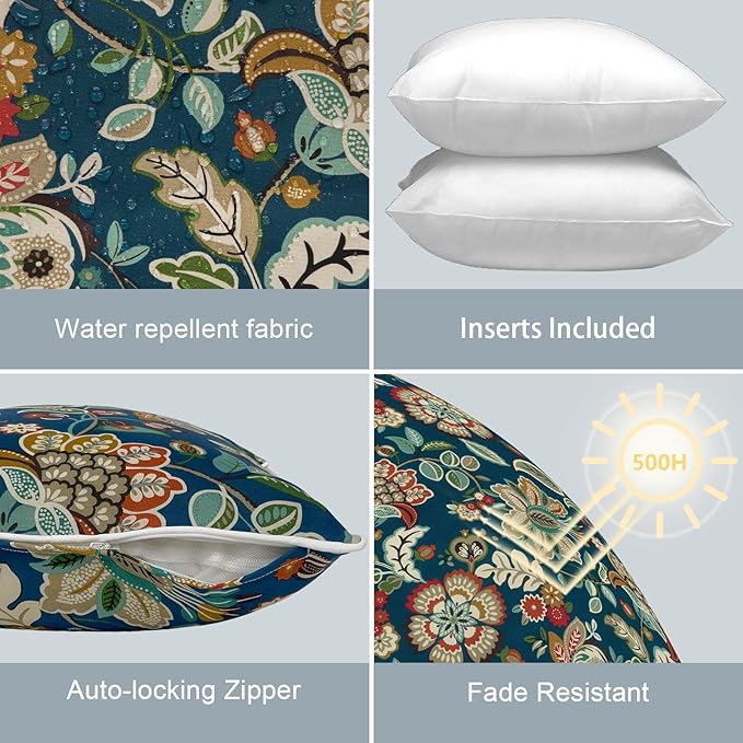 LVTXIII Outdoor/Indoor Throw Pillows, Decorative Patio Accent Pillows, Fluffy Water Repellent Garden Cushions for Home Patio Coach Sofa Use, 20×20 Inch, Pack of 2, Peacock Blue