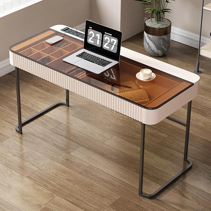 Lartis Office Desk with Drawers for Home Working Studying Computer Desk with Built-in Outlet Writing Desk Dressing Table Vanity Table no Mirror Intelligent Socket with USB Port