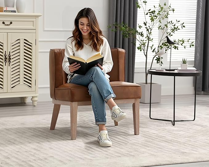 Comfy Barrel Chair Mid Century Modern Accent Chair with Solid Wood Leg Upholstered Reading Arm Chair Faux Leather Waiting Room Round Side Chairs for Small Spaces Living Room Bedroom Office, Brown