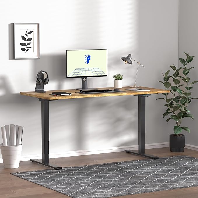 FLEXISPOT E6 MAX Rubber Wood Dual Motor 3 Stages Standing Desk 55x24 Inch Whole-Piece Board Electric Height Adjustable Stand Up Desk 150KG Load Capacity(Black Frame + Rubber Wood Desktop)