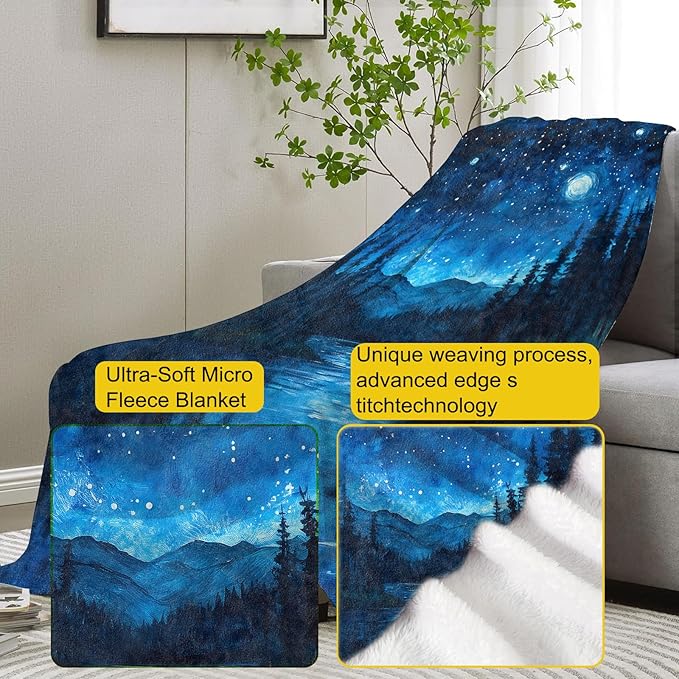 Starry Night Forest Flannel Blanket, Starry Night Gifts, Nature-Themed Blanket for Women, Soft Lightweight Throw Blankets for Bed Home Travel Decor 40" x 50"