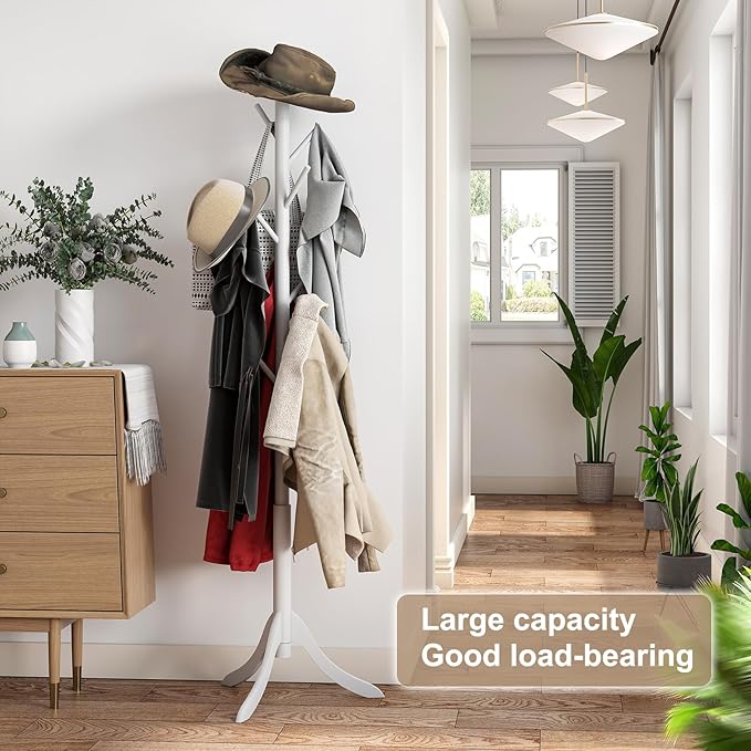 Coat Rack Freestanding, Coat Stands Entryway, Bamboo Coat Rack Hat Hanger 8 Hook for Jacket, Purse, Scarf Rack, Umbrella Tree Stand (White)