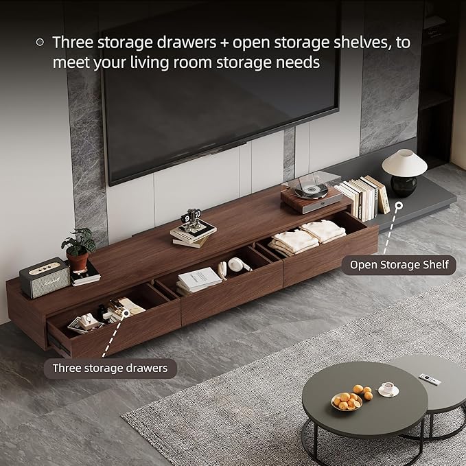 Mid-Century Modern Extendable TV Stand with Ample Storage for Living Room – Adjustable TV Cabinet from 78.7" to 130", 3-Drawer Entertainment Center, Walnut