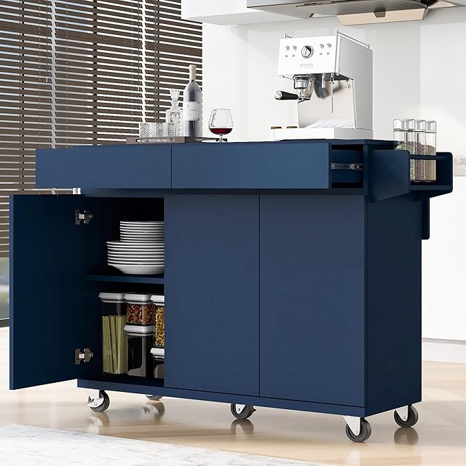 53.2'' Kitchen Island with Drop Leaf, Kitchen Storage Cart with Spice Rack, Towel Rack and 2 Drawers, Rolling Kitchen Island on Wheels with Adjustable Shelves for Kitchen, Dining Room, Navy Blue