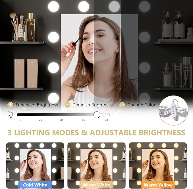 Vanity Makeup Desk with Mirror and Lights, Farmhouse Vanity Table Set with Storage Drawers, Charging Station & Chair, 43" Large Rustic Dressing Table, 3 Lighting Modes for Women Girls Bedroom, Black