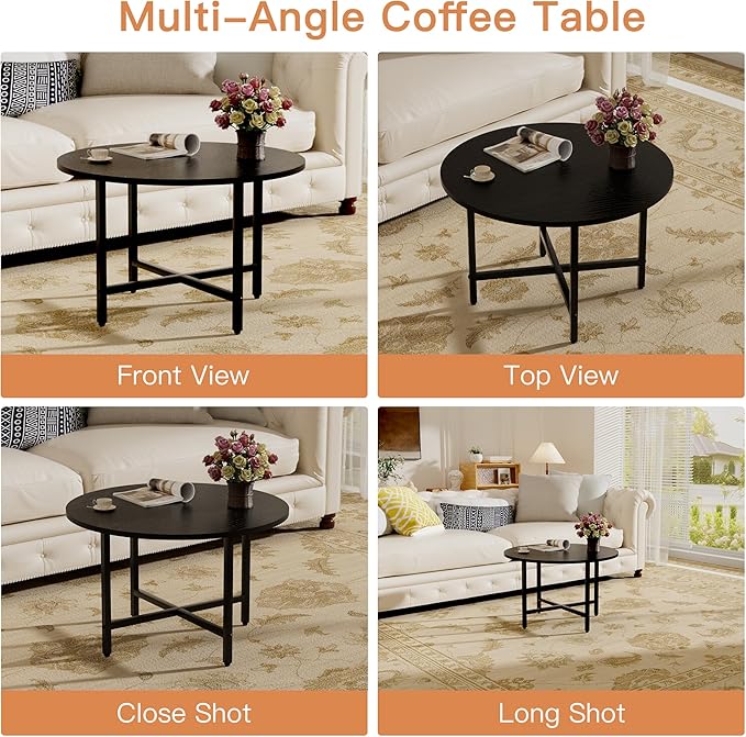 Coffee Table, 23.6" Coffee Tables for Living Room, Round Coffee Table with Metal Frame, Floor Table for Sitting on The Floor, Home, Office, Black