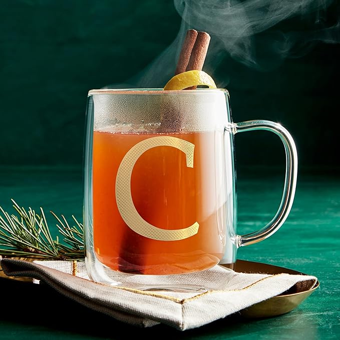 COLLECTIVE HOME - Double Walled Glass Coffee Mugs, Insulated Coffee Mug with Handle, Personalized Gifts for Women, Men, Christmas, 14 oz Monogram Cups (C)