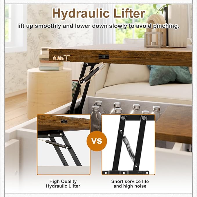 Lift Top Coffee Table with Storage, 4 in 1 Multi-Function Convertible Tea Tables with Hidden Compartment, Farmhouse Center Table Converts to Dining Table for Living Room, Brown