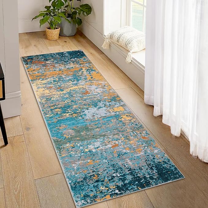 2x6 Modern Abstract Runner Rug Non Slip Soft Rug Stain Resistant Low Pile Non Shed Machine Washable for Hallway Kitchen Bathroom, Multi Color