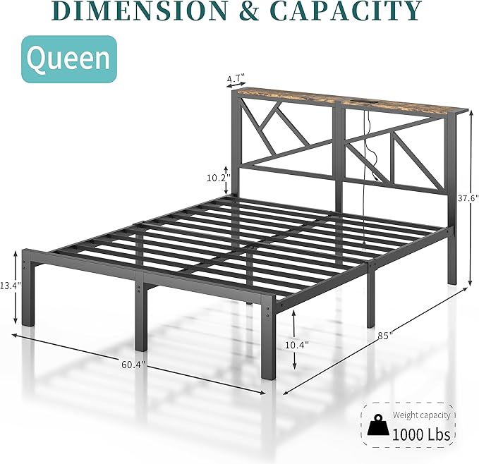 Queen Size Black Metal Bed Frame with USB Charging Station, LED Ambient Lighting, and Wooden Storage Headboard - Includes Under-Bed Storage, No Box Spring Needed, Noise Free, Easy Assembly