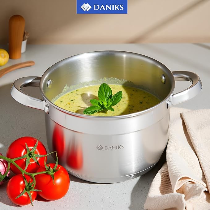 Daniks Standard Stainless Steel Stock Pot with Glass Lid – Induction 4 Quart, Dishwasher Safe, Measuring Scale, For Soup, Pasta, Stew, Silver