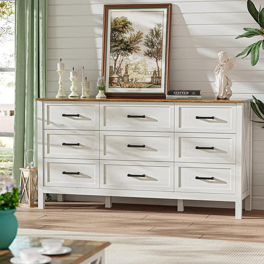 LYNSOM Farmhouse 9 Drawers Dresser for Bedroom, 55" Wide Wood Rustic Chest of Drawers with Natural Texture, Metal Handle, Storage Dressers Organizer for Entryway, Hallway, Antique White