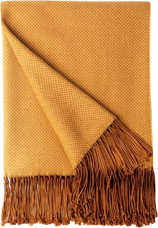 BOURINA Herringbone Two Tone Throw Blanket Faux Cashmere Fringe Soft Lightweight Cozy for Bed Couch Decorative Throws Blanket,Gold, 50" x 60"