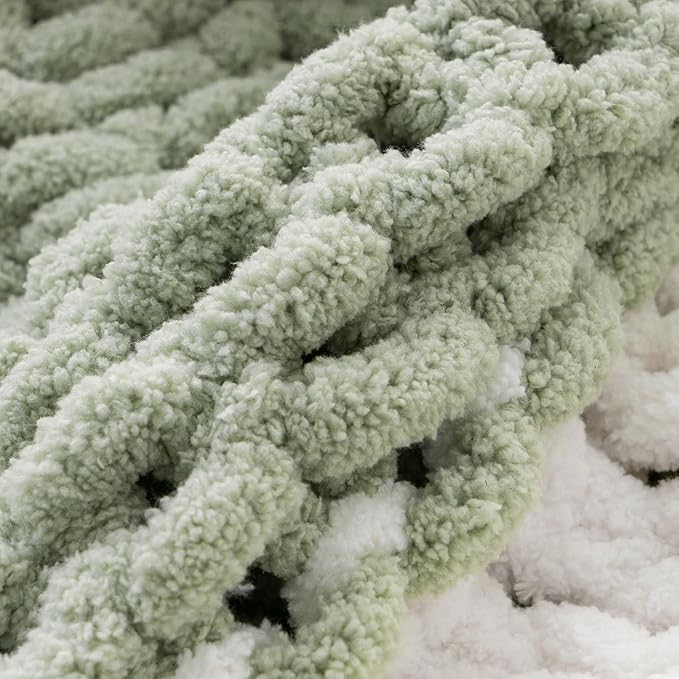 Battilo Chunky Knit Throw Blanket, Soft and Thick Chenille Throw Blanket, 50"x60" Handmade Cable Knit Crochet Blanket, Large Rope Knot Throw Blankets for Couch Sofa Bed Home Decor, Sage & White