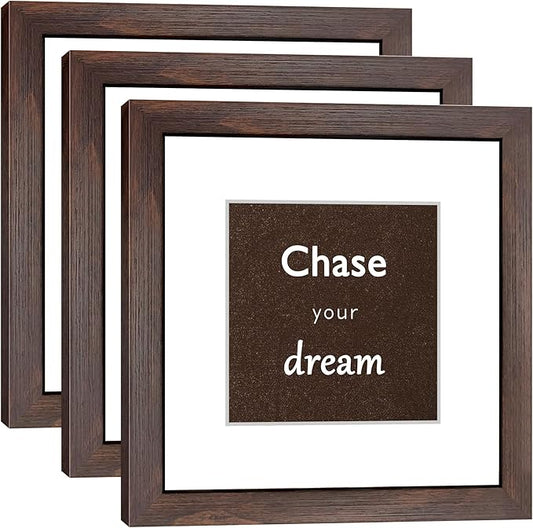 8x8 Picture Frame Set of 3 with Real Glass for Pictures 5x5 with Mat or 8x8 Without Mat, Wall Mounting or Tabletop display Photo Frames in Walnut
