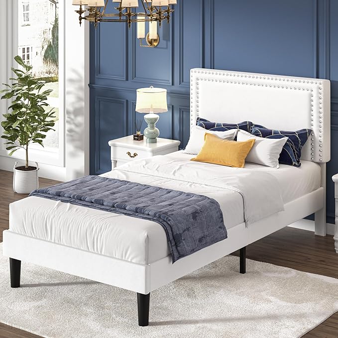 VECELO Twin Size Platform Bed Frame with Adjustable Upholstered Headboard, Strong Wood Slat Support, No Box Spring Needed, Easy Assembly