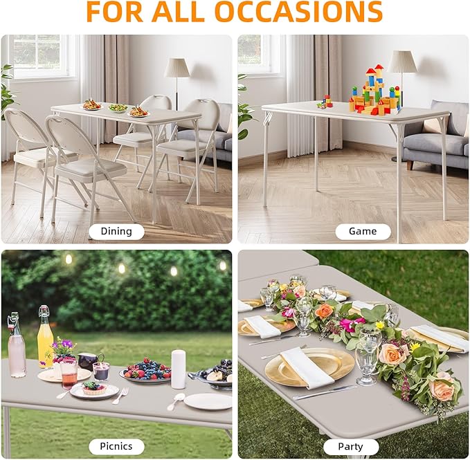 IDEALHOUSE Protable Folding Table and Chairs, 5 Piece Folding Card Table and Chairs Set, Foldable PU Upholstered Table and Chairs Set of 5, for Dining Room, Living Room, Office, Camping, Beige