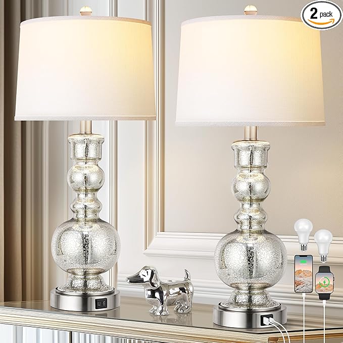 Hamucd 3-Way Dimmable Touch Control Clear Grey Glass Table Lamps Set of 2 with USB A+C for Modern Comtemporary Bedroom Nightstand Living Room Decor(Bulbs Included) (Mercury Silver)