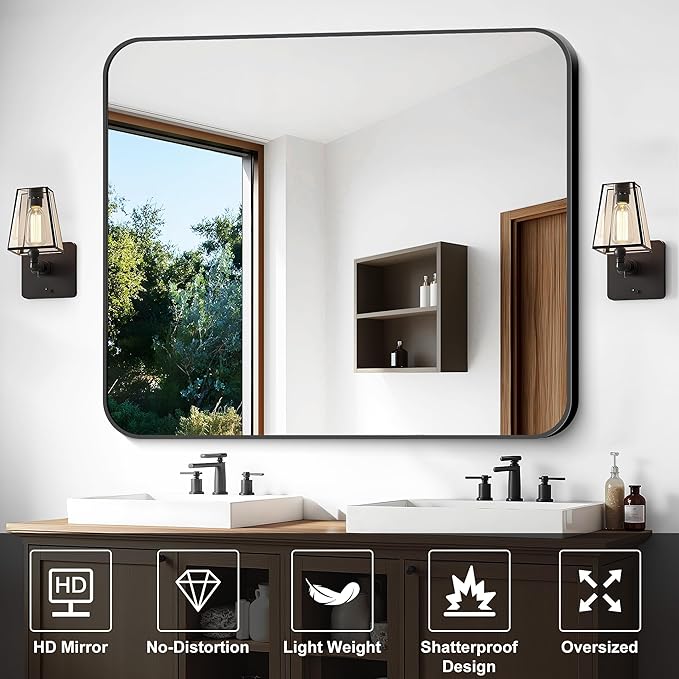 Bathroom Mirror, 48 x 40 inch Black Rectangle Wall Mirror, Metal Frame Rectangular Vanity Mirror, Rounded Corner Wall Mounted Mirror for Modern Bedroom Living Room Hangs Horizontal/Vertical