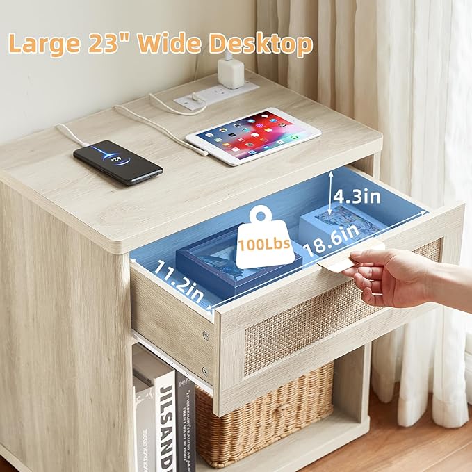 LEYAOYAO Rattan Nightstands Set of 2 with Charging Station, 23" Wide Boho Night Stand with Drawer, Grey White Bedside Table Open Cabinet, Bed Side End Table Dresser for Bedroom, Living Room, Hallway