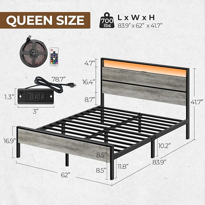 Rolanstar Queen Bed Frame with Headboard, Bed Frame Queen with LED Lights, Camas Queen Size Bed with Charging Station, Solid Metal Slats, Noise Free, No Box Spring Needed, Grey