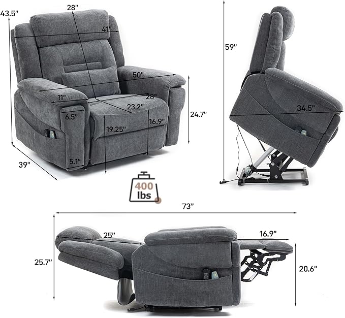 28 Inch Extra Wide Recliner Lay Flat 180°, Big Man 400lbs Oversized, Power Lift Recliner with Heat and Massage for Elderly, Large Heavy Duty Recliners with Cup Holders and Wireless Phone Charger