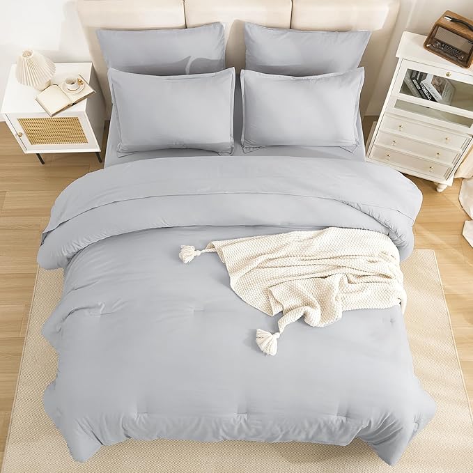 Litanika Twin/Twin XL Size Comforter Sets Grey Light Grey - 5 Pieces Bed in a Bag Twin/Twin XL Bedding Comforter Sets, Solid Lightweight Bed Set with Comforter, Sheets, Pillowcase & Sham