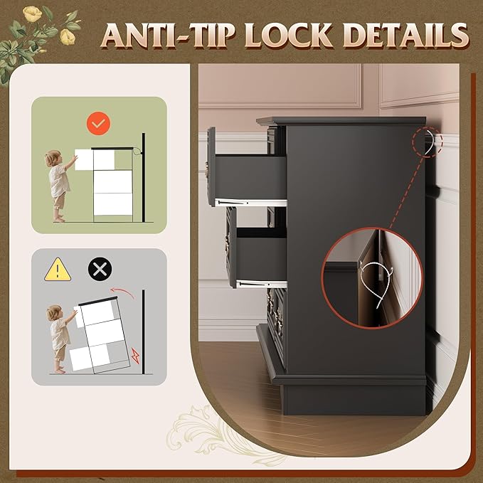 WLIVE Farmhouse Dresser for Bedroom, 51.97'' Wide Wood 6 Drawer Dresser, Chest of Drawers with Roman Metal Handle, TV Stand for 60 inch TV, for Living Room, Hallway, Black