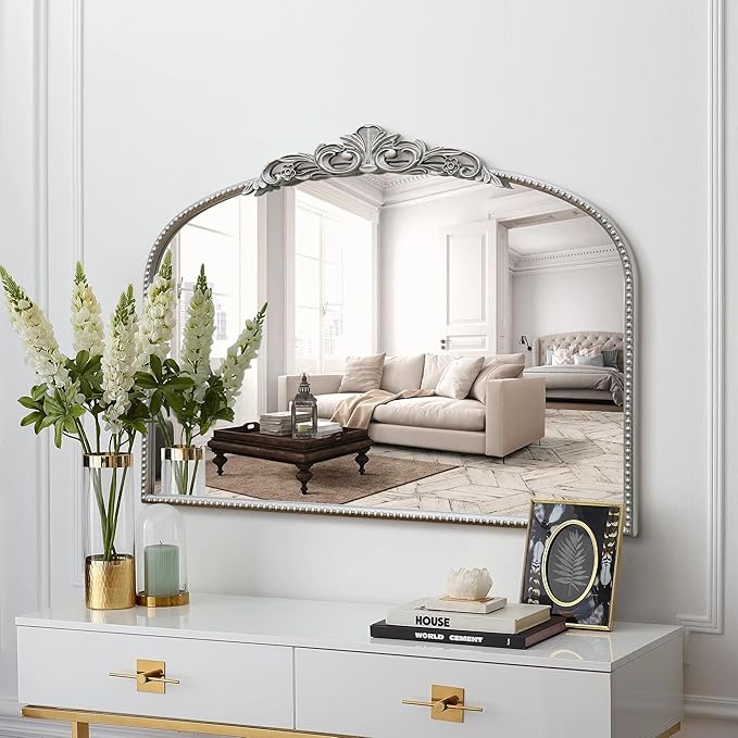 Micasso Silver Vintage Wall Mirror: 24"x 32" French Baroque Antique Arched Wall Mounted Mirror - Traditional Ornate Decorative Entryway Mirror for Home Decor/Entryway/Fireplace/Living Room/Hallway