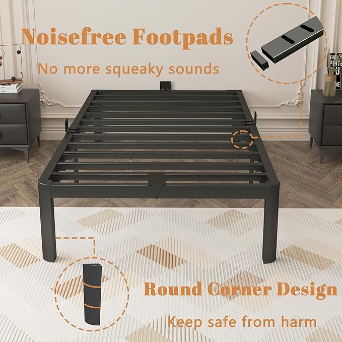 14 Inch Twin Bed Frames, Black Bed Frame Twin Size with Metal Baffles, No Box Spring Needed, Heavy Duty Steel Platform Supprt, Rounded Corner Design, Reserved Holes, Storage Space, Noise Free