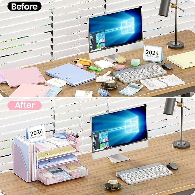 Desk Organizer and Accessories, 4-Tier Desktop File Organizer with Drawer and 2 Pen Holders, Office Desk Accessories for Office Supplies(Pink)
