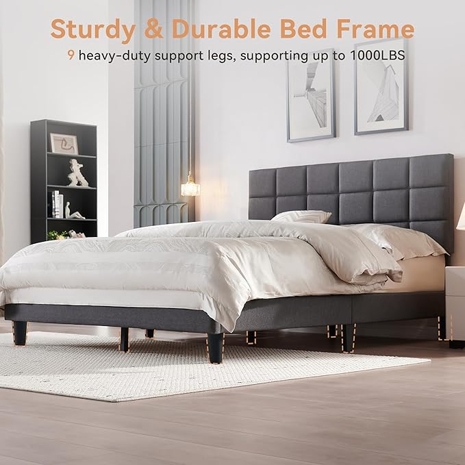 BedsPick Full Size Bed Frame with Fabric Upholstered Headboard, Bed Frame Full Size with Solid Wooden Slats Support, No-Noise, Easy Assembly, No Box Spring Needed with 800LBS, Grey