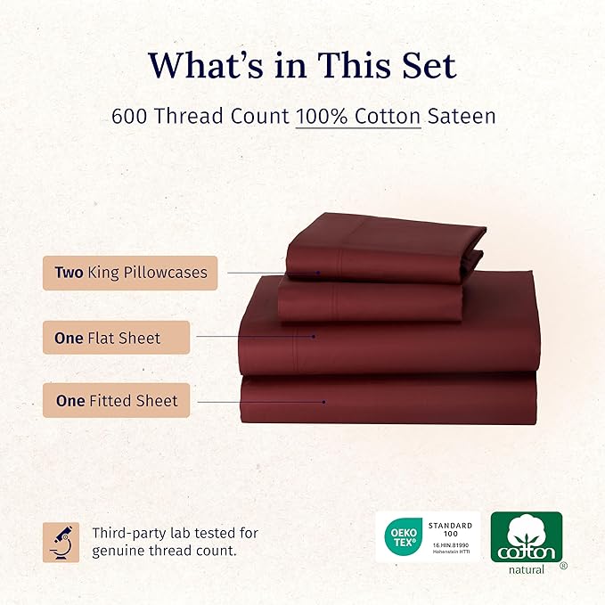 California Design Den Deep Pocket King Sheet Set - Luxury 600 Thread Count Bed Sheets 100% Cotton Sateen, Cooling King Size Sheets Set, Hotel-Quality, Better Than Egyptian Cotton Sheets - Brick Red