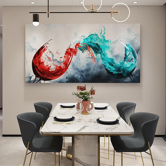 Pogusmavi Dining Room Wall Art Wine Glass Canvas Wall Pictures Kitchen Art Wall Decor Blue & Red Wine Cups Painting Modern Wall Art for Living Room Office Artwork Wall Decor 30x60IN