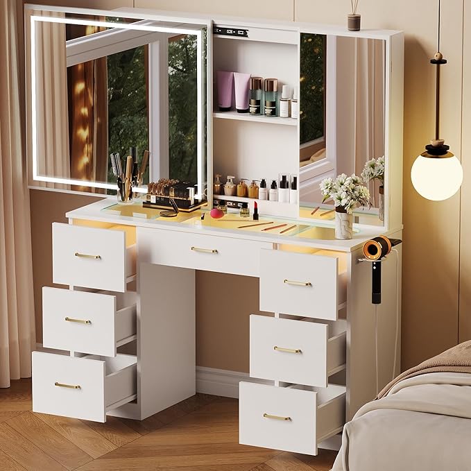 Vanity Desk with Lighted Mirror, Charging Station and Hairdryer Holder, Glass Top Makeup Vanity with Adjustable LED Lights, White Vanity Table with Sliding Mirror & Hidden Storage (No Stool)
