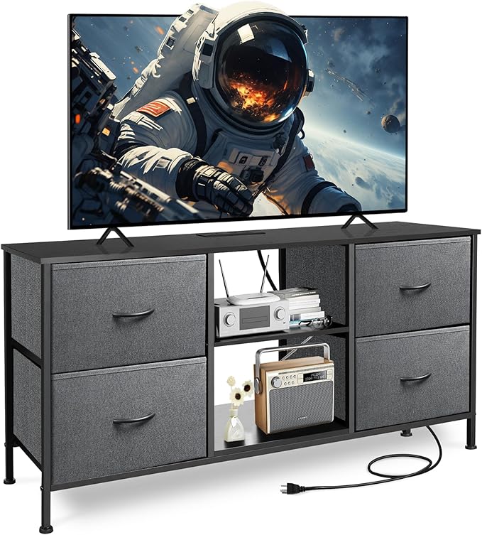 TV Stand for Bedroom, Television Stand for TV up to 46 Inch Entertainment Center Dresser with 4 Drawers Open Storage Shelves for Living Room, Entryway (Grey and Charcoal Black)