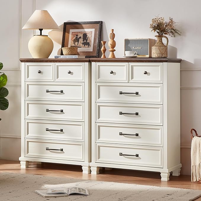 Farmhouse 6 Drawer Dresser for Bedroom, 45 Inch Tall Vintage Wood Chest of Drawers, Rustic Dressers w/Square Wooden Legs, Mid-Century Storage Organizer for Living Room, Hallway, White