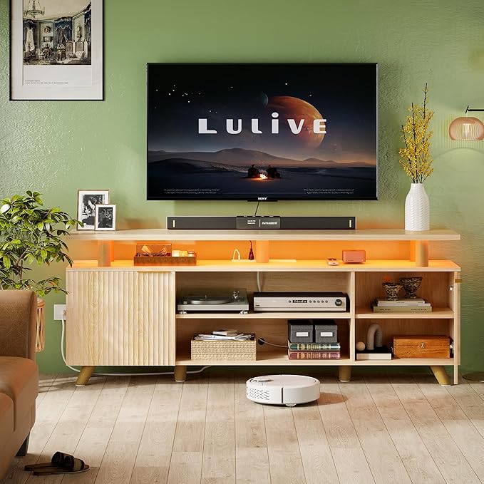 Lulive Modern TV Stand for 55/60/65/70 inch Television, Entertainment Center with Wooden Storage Cabinets and Power Outlet，Media Console for Living Room Bedroom (Natural Oak)