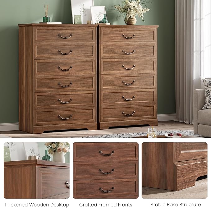 DICTAC Farmhouse 6 Drawers Dresser for Bedroom, 48.2" Tall Dressers Chest of Drawer, Large Storage Closet Organizer with Natural Texture and Vintage Metal Handle, Wooden Vertical Dresser for Hallway