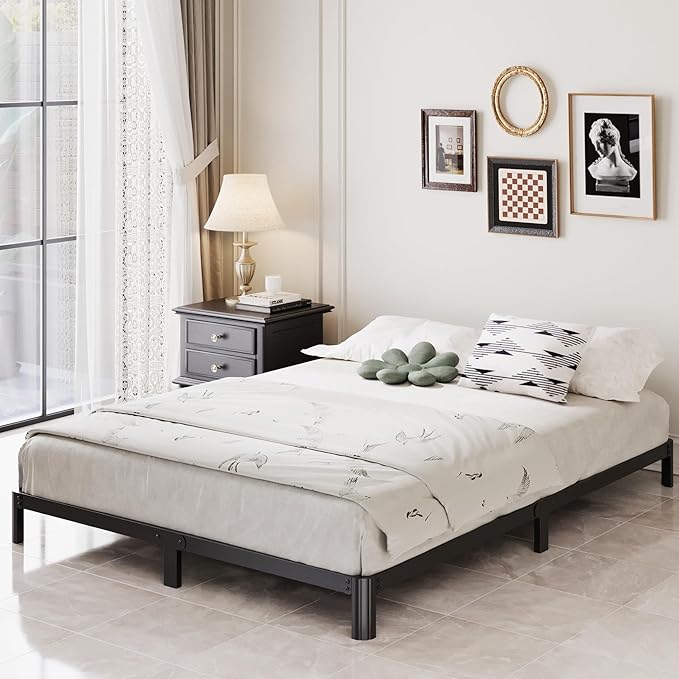 7 Inch Low Queen Bed Frame with Rounded Corner Legs, 2000 LBS Heavy Duty Metal Slats Support Queen Platform Bed Frame No Box Spring Needed, Easy Assembly, Black
