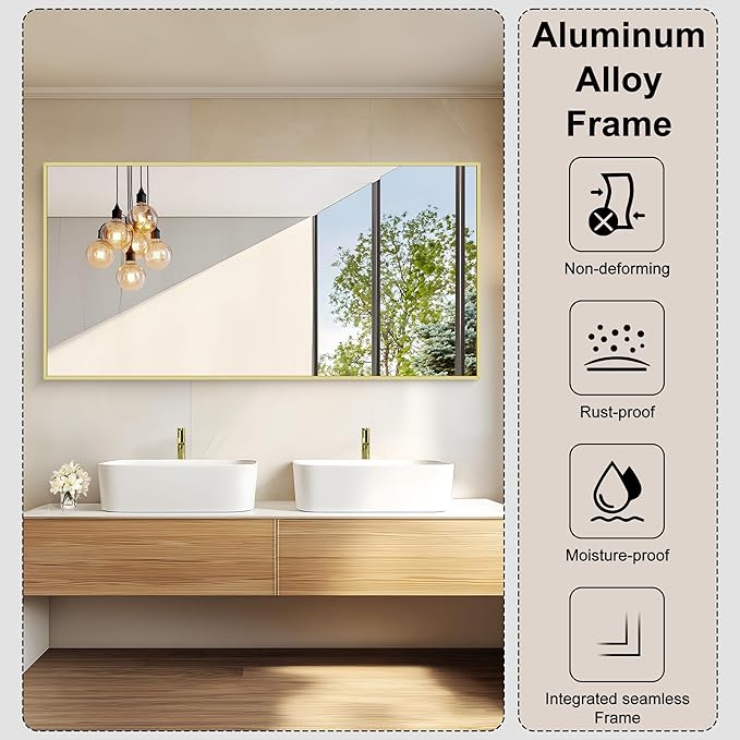KOCUUY Large Gold Bathroom Mirror, 60x30 inch Rectangular Mirror for Bathroom Sink, Oversized Wall Mirror with Metal Gold Frame for Living Room, Farmhouse, Entryway, Hang Horizontal/Vertical