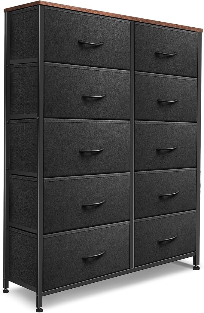 Dresser for Bedroom with 10 Drawers, Chest of Drawers, Storage Drawers Organizer Unit, Black Wide Fabric Dresser with Fabric Bins for Closet, Living Room, Entryway (Black and Rustic Brown)