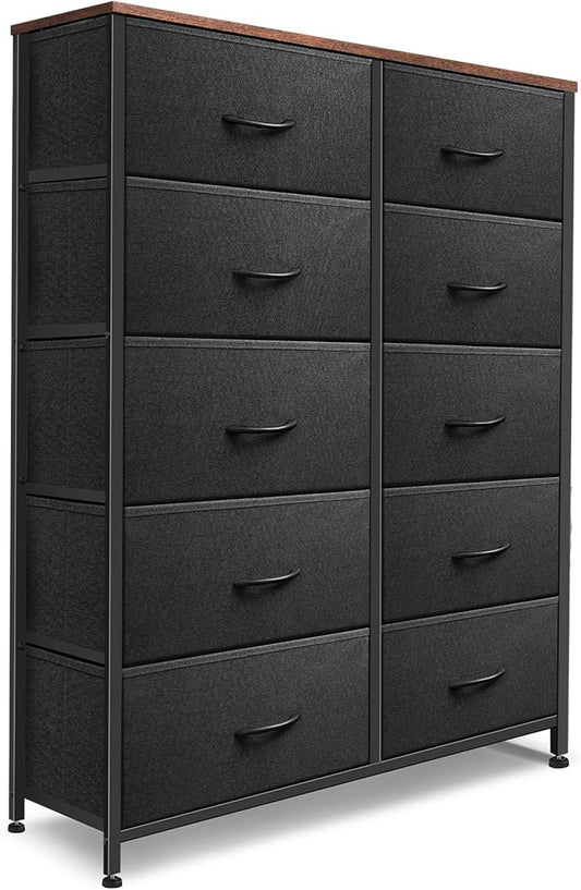 Dresser for Bedroom with 10 Drawers, Chest of Drawers, Storage Drawers Organizer Unit, Black Wide Fabric Dresser with Fabric Bins for Closet, Living Room, Entryway (Black and Rustic Brown)