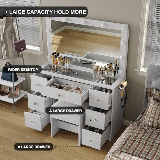 Vanity Desk with Mirror and Lights, Makeup Vanity Desk with Lights 3 Colors, Reinforced Glass Vanity, Makeup Vanity with 11 Storage Drawer (White, 7 Drawers)